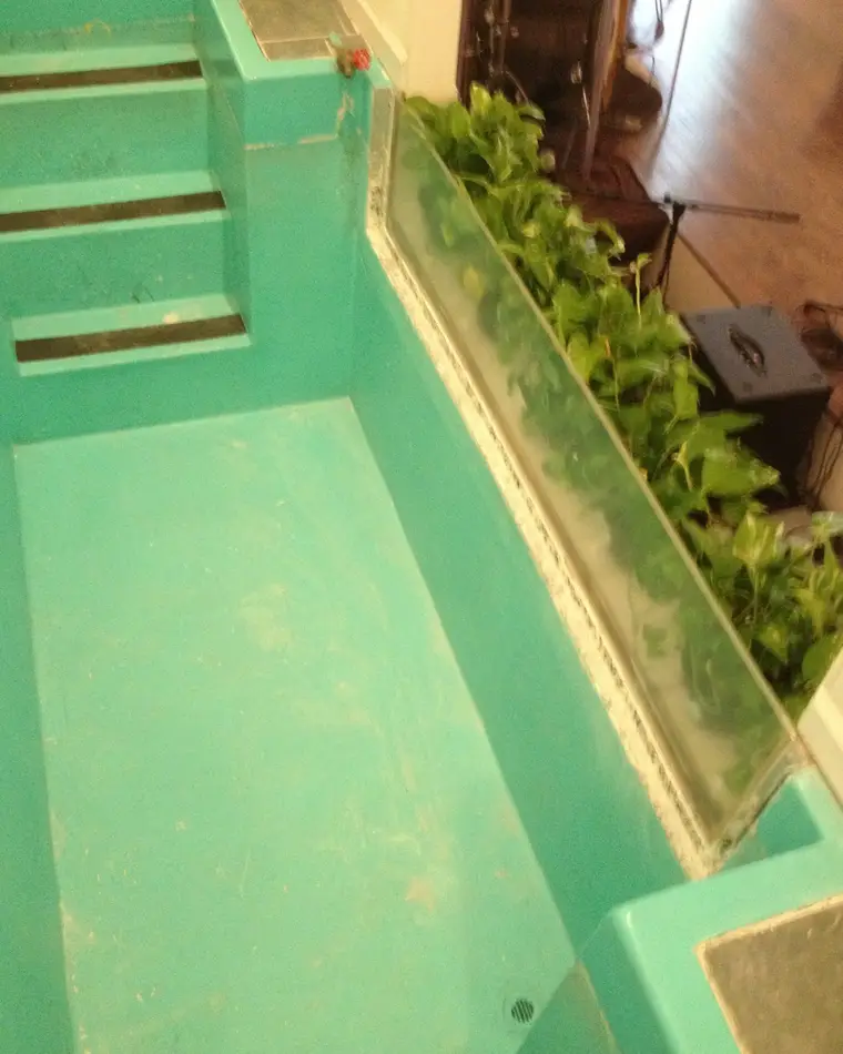 A built-in baptismal pool before refinishing, its shell and steps stained a mottled mint green.
